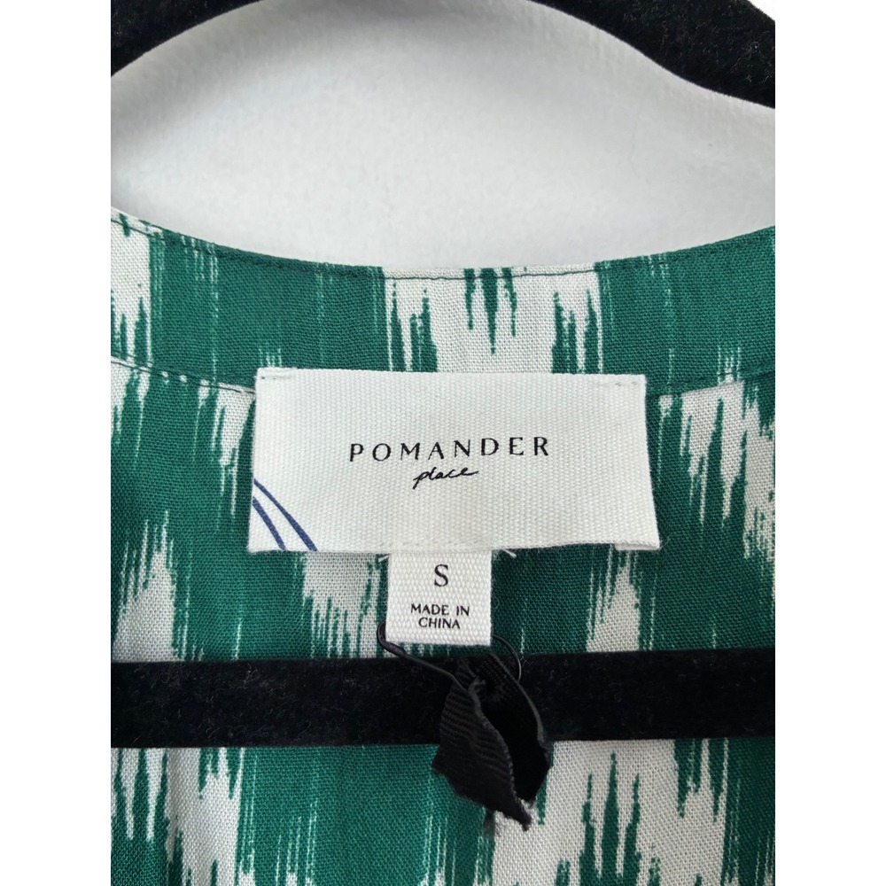 Pomander Place Green White Ikat Chevron Tiered Mini Dress Smocked Ruffle S - Picture 6 of 8